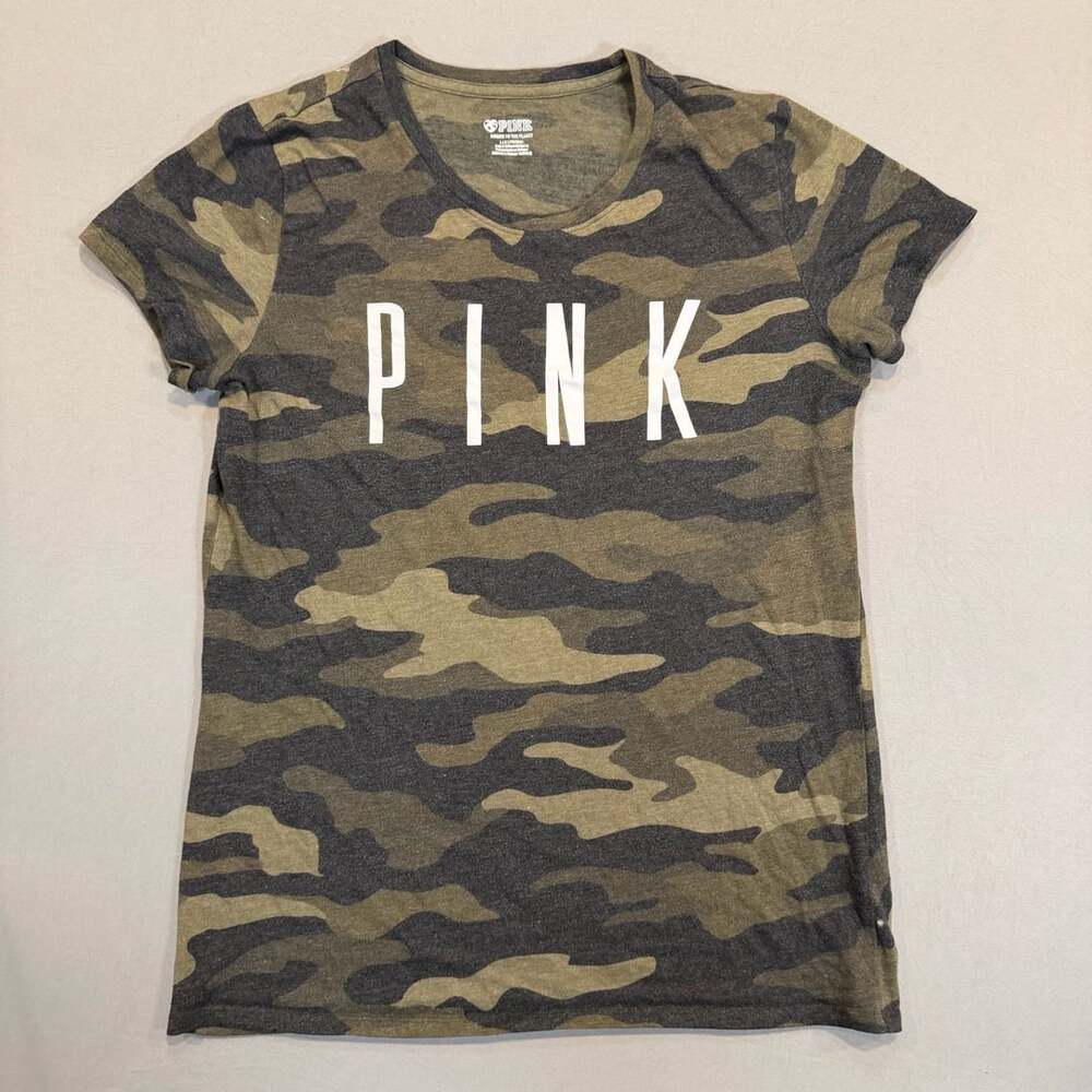 PINK Victoria's Secret Short Sleeve T-Shirt Size L Green Camo Logo